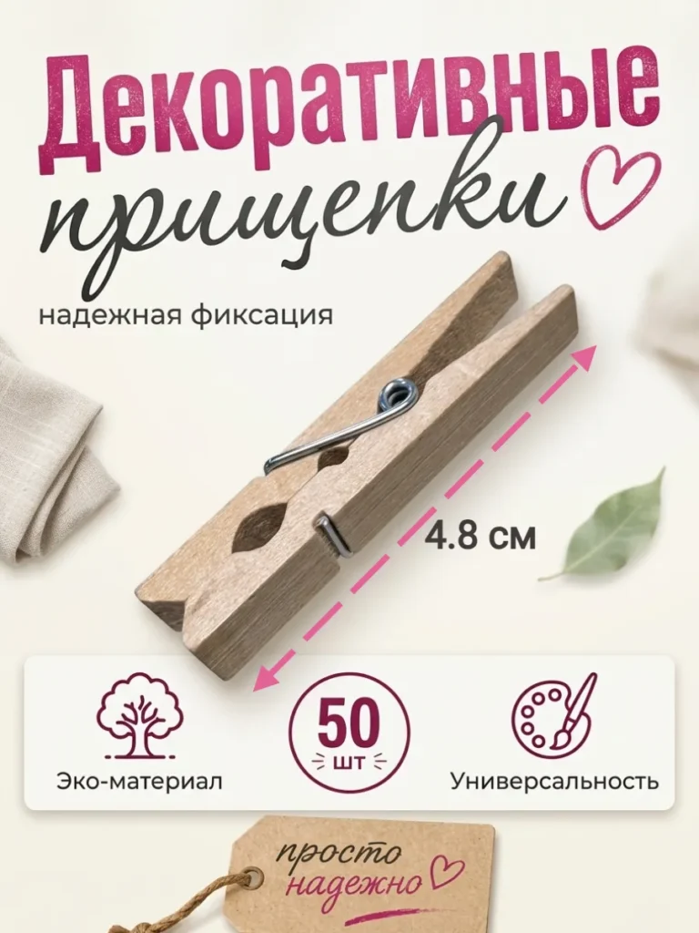 Декоративные деревянные прищепки 4,8 см, 50 шт.