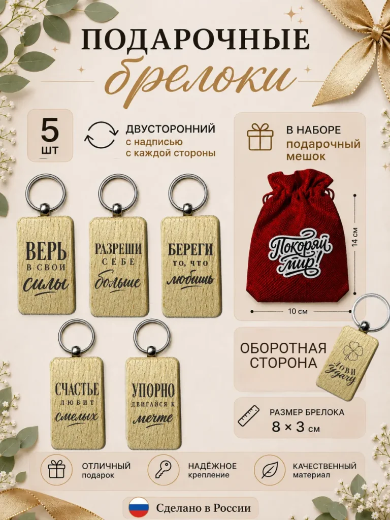 Набор брелков 5 шт с гравировкой подарочный в мешочке